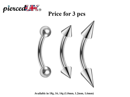 Curve Barbell, Daith Piercing – 3pcs Bent Barbell Spike / Ball  / Cone  Body Piercing, Earring, Daith, Helix, Cartilage and Tragus