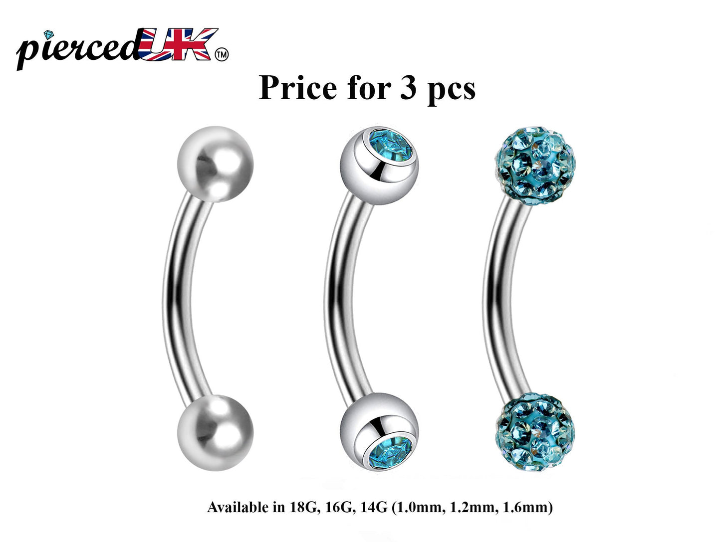 Curved Barbell Daith Piercing– 3pcs Bent Barbell Piercing Jewelry – Ball / Gem ball / Disco ball – Body Piercing for Lip, Dainty, Helix