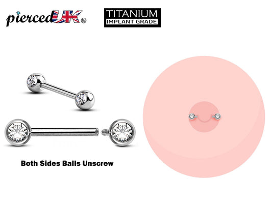 Titanium Nipple Front Face Barbell, Nipple Jewelry – 14g Nipple Bar with CZ Clear Crystals - Nipple Rings, Nipple Piercing Body Jewellery