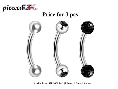 Curved Barbell Daith Piercing– 3pcs Bent Barbell Piercing Jewelry – Ball / Gem ball / Disco ball – Body Piercing for Lip, Dainty, Helix