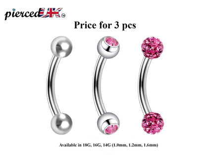 Curved Barbell Daith Piercing– 3pcs Bent Barbell Piercing Jewelry – Ball / Gem ball / Disco ball – Body Piercing for Lip, Dainty, Helix