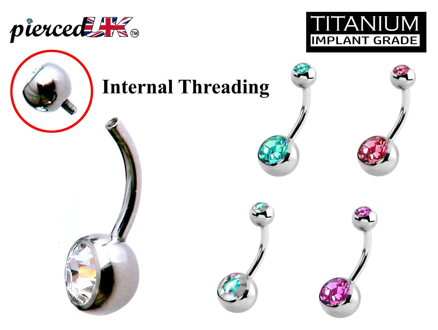Naval Ring - Internally Threaded Belly Ring - Belly Bar with Double Gem Crystals- 14g (1.6mm) - Ideal Piercing for Navel Jewelry