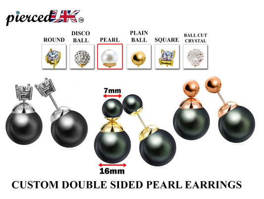 Double Sided Earrings, Double Pearl Dark Grey - Custom Front Back Earrings  - Pearl Ear Jacket - 2 in 1 Earrings - Silver, Gold and Rosegold
