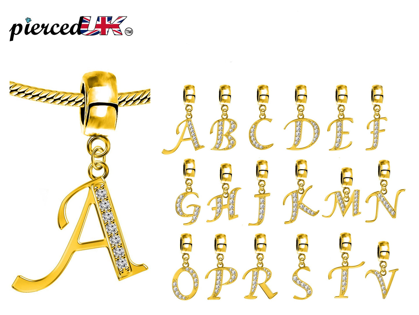 Gold Charm Letters, Initial Charm - Alphabet Letters for Charm Necklaces and Bracelet- Compatible for all types of European Bracelets