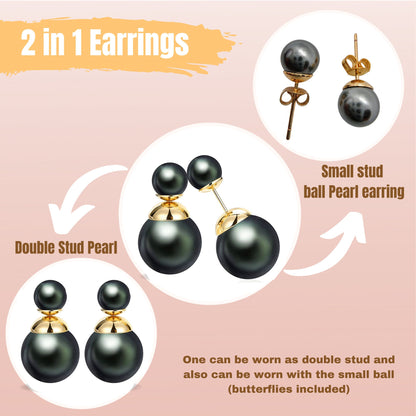 Double Sided Earrings, Double Pearl Dark Grey - Custom Front Back Earrings  - Pearl Ear Jacket - 2 in 1 Earrings - Silver, Gold and Rosegold