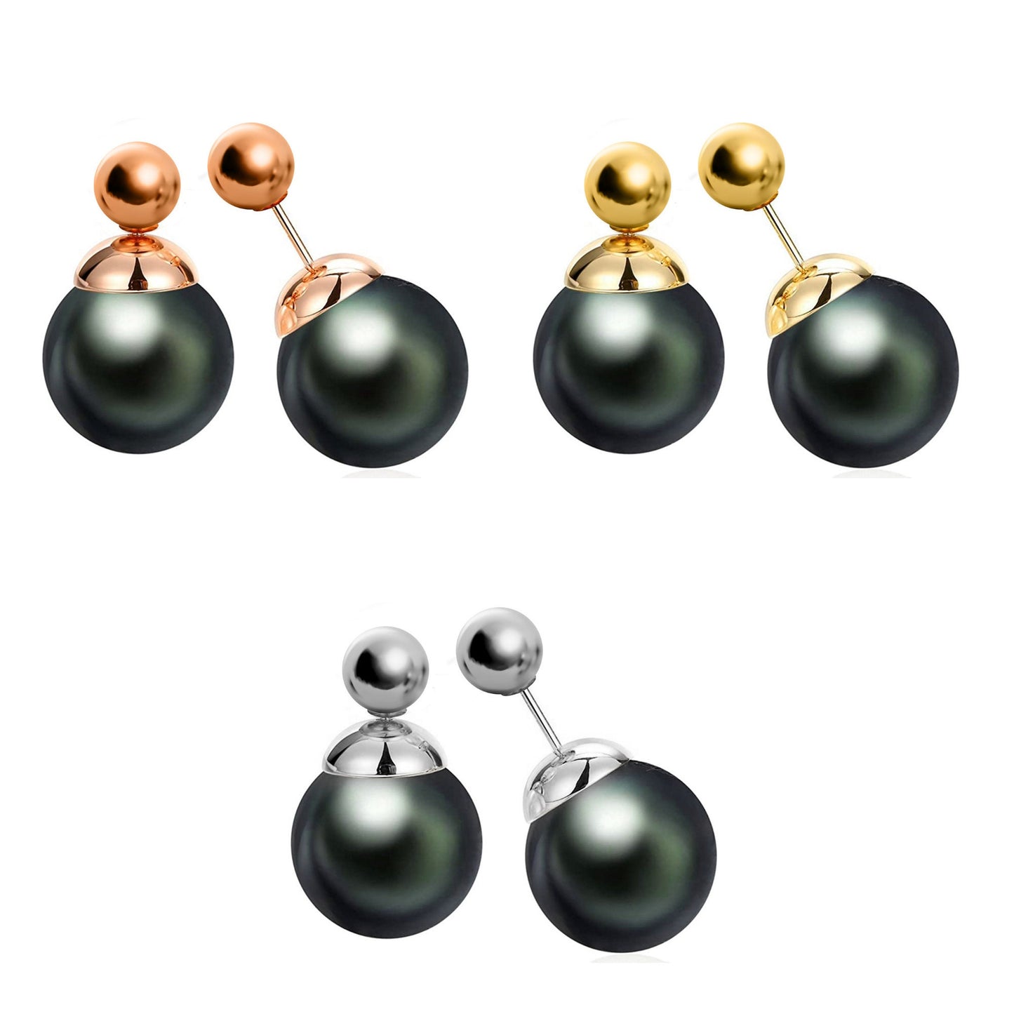 Double Sided Earrings, Double Pearl Dark Grey - Custom Front Back Earrings  - Pearl Ear Jacket - 2 in 1 Earrings - Silver, Gold and Rosegold