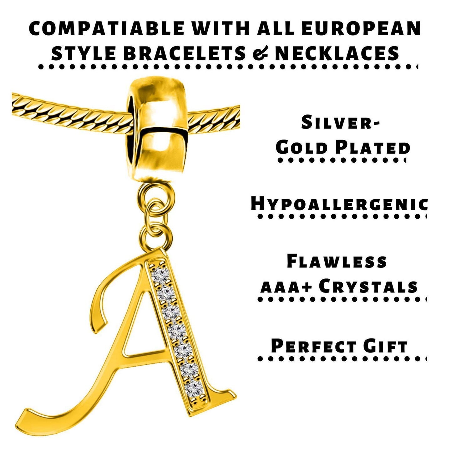 Gold Charm Letters, Initial Charm - Alphabet Letters for Charm Necklaces and Bracelet- Compatible for all types of European Bracelets