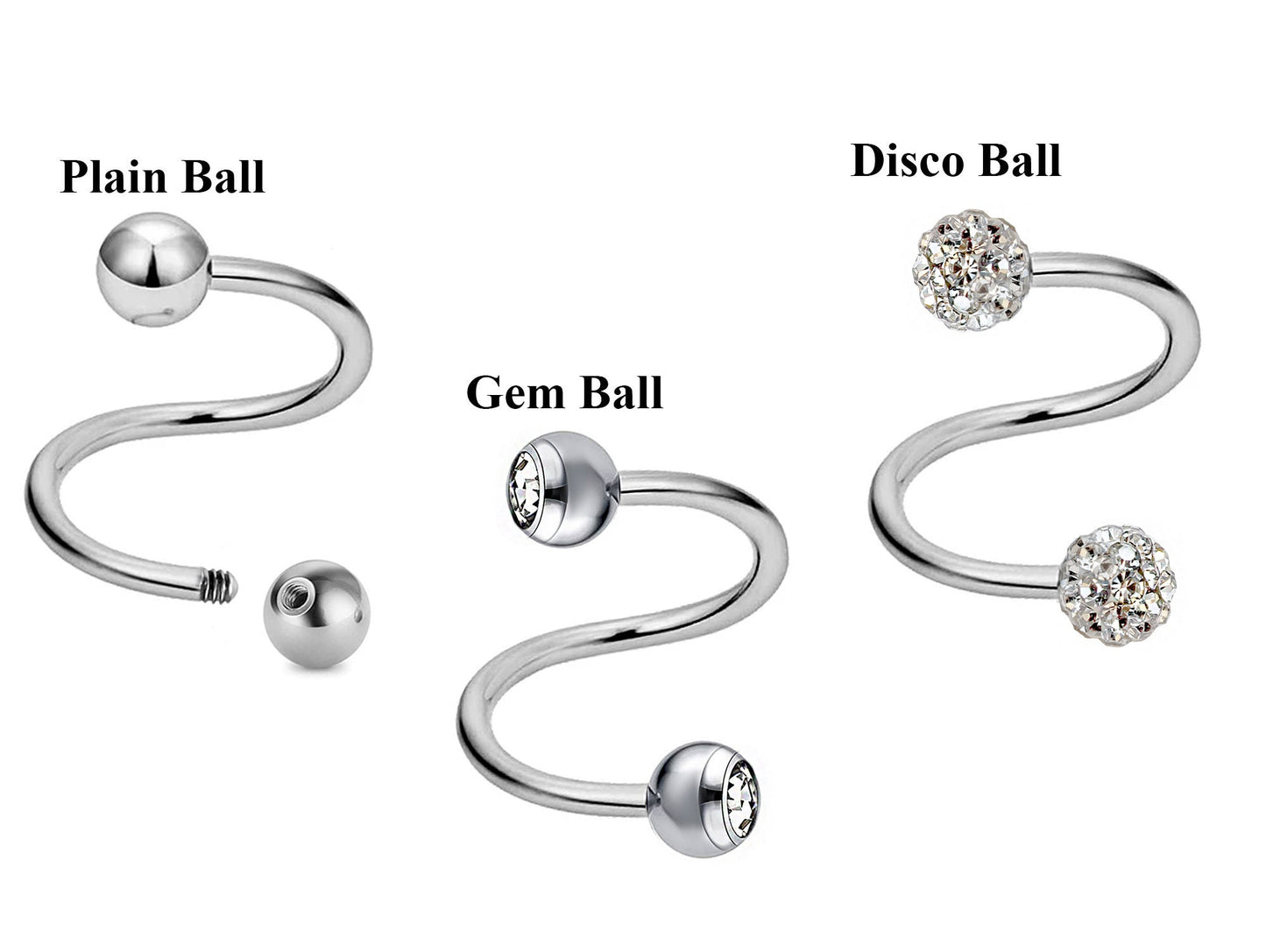 Spiral Barbell, Twist Barbell – 3pcs Piercings with Ball / Gem Ball / Disco Ball for Ear, Eyebrow piercing, Lip Ring, Cartilage, Helix etc.