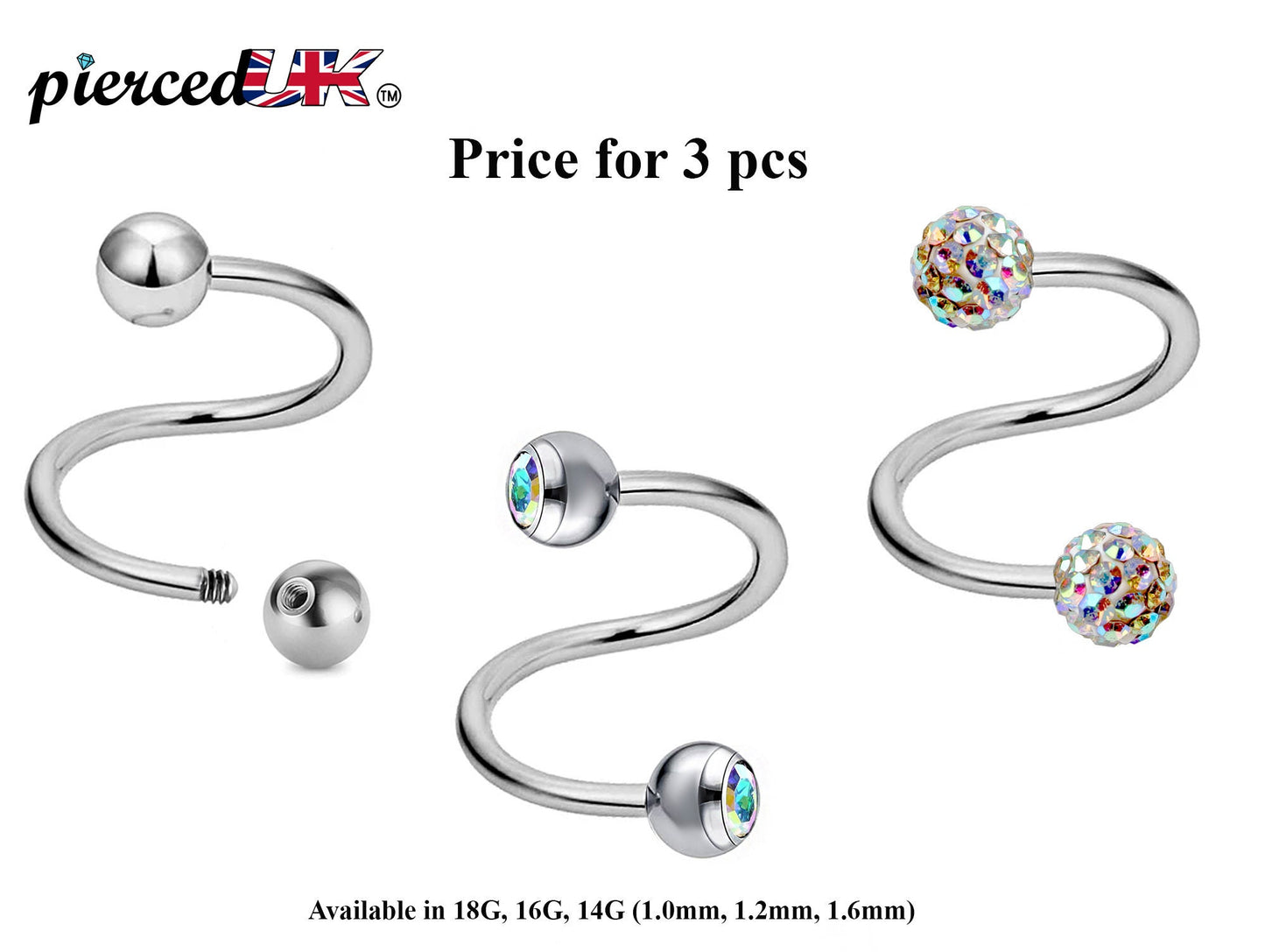 Spiral Barbell, Twist Barbell – 3pcs Piercings with Ball / Gem Ball / Disco Ball for Ear, Eyebrow piercing, Lip Ring, Cartilage, Helix etc.
