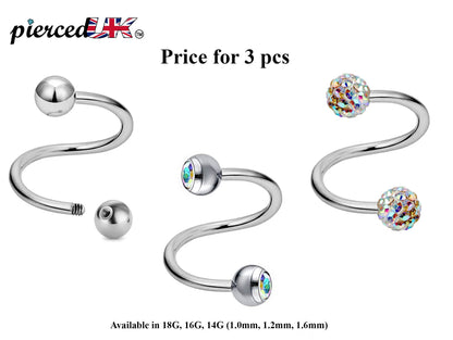 Spiral Barbell, Twist Barbell – 3pcs Piercings with Ball / Gem Ball / Disco Ball for Ear, Eyebrow piercing, Lip Ring, Cartilage, Helix etc.