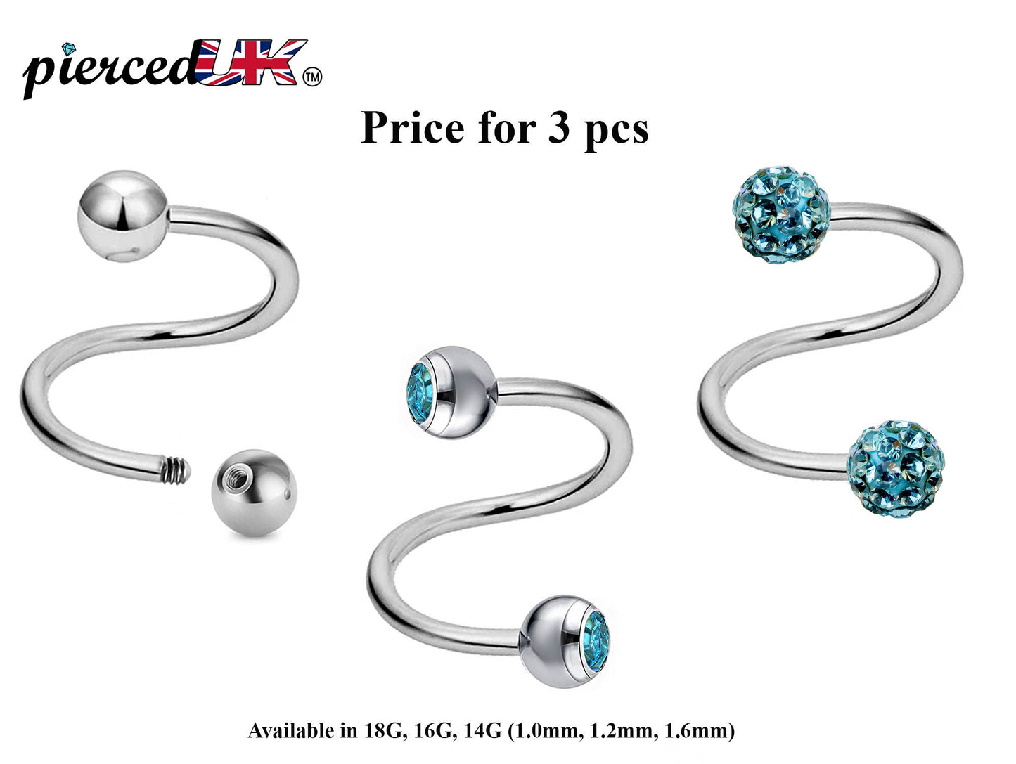 Spiral Barbell, Twist Barbell – 3pcs Piercings with Ball / Gem Ball / Disco Ball for Ear, Eyebrow piercing, Lip Ring, Cartilage, Helix etc.