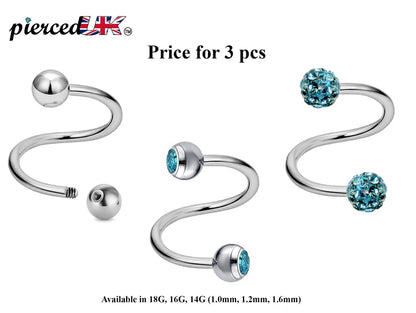 Spiral Barbell, Twist Barbell – 3pcs Piercings with Ball / Gem Ball / Disco Ball for Ear, Eyebrow piercing, Lip Ring, Cartilage, Helix etc.