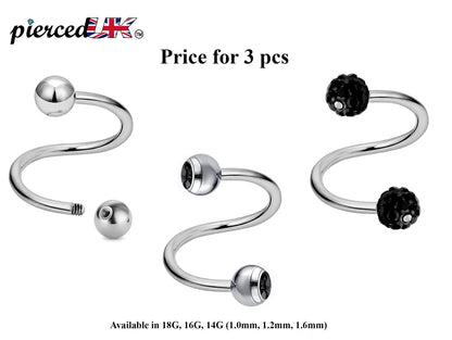Spiral Barbell, Twist Barbell – 3pcs Piercings with Ball / Gem Ball / Disco Ball for Ear, Eyebrow piercing, Lip Ring, Cartilage, Helix etc.