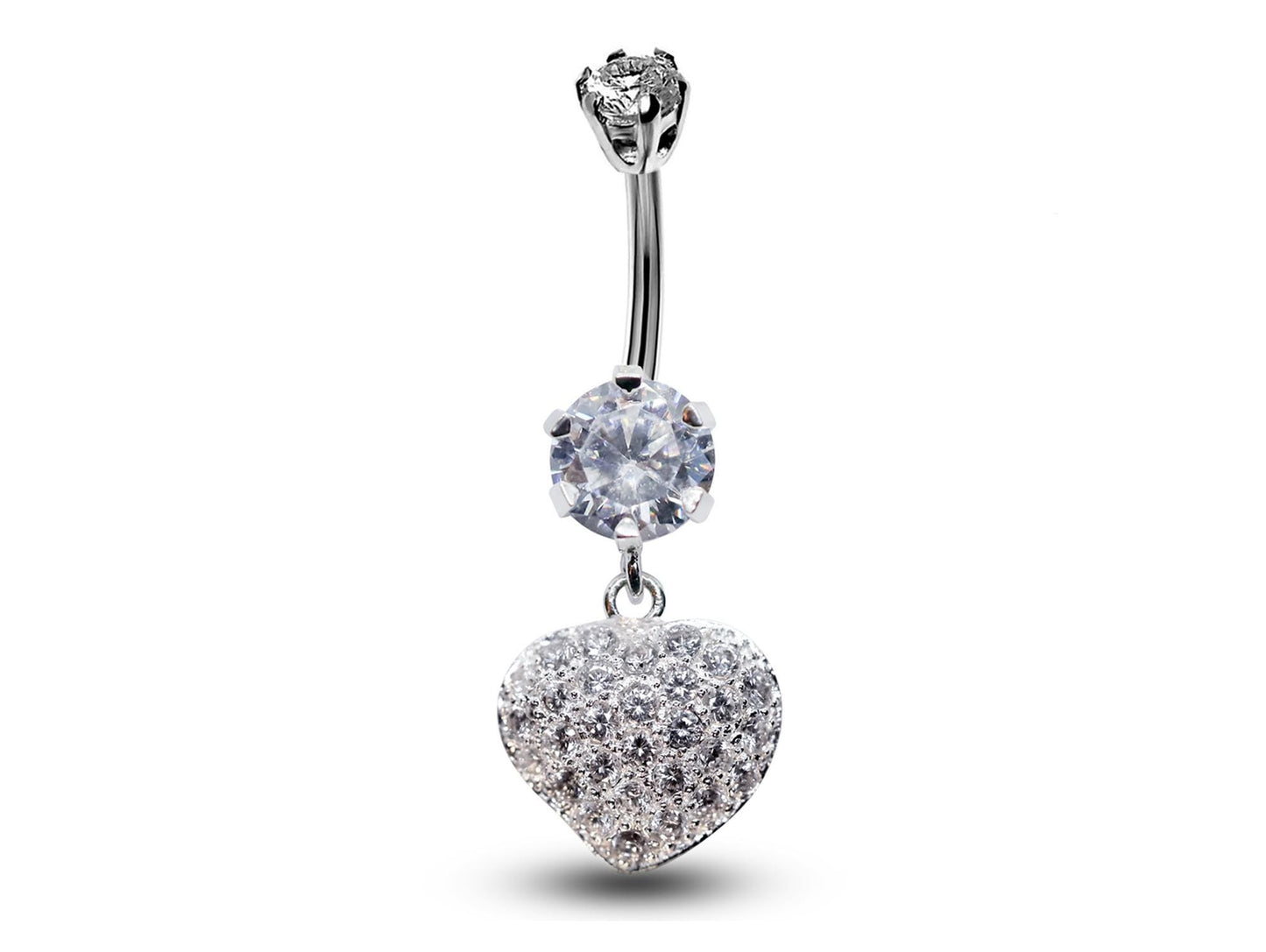 Silver Belly Bars, Navel Ring - Dangle Heart Belly Piercing studded with CZ Crystals - Navel Jewelry - 16g (1.6mm) Length is 10mm