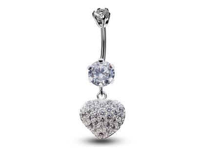 Silver Belly Bars, Navel Ring - Dangle Heart Belly Piercing studded with CZ Crystals - Navel Jewelry - 16g (1.6mm) Length is 10mm
