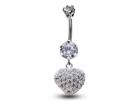 Silver Belly Bars, Navel Ring - Dangle Heart Belly Piercing studded with CZ Crystals - Navel Jewelry - 16g (1.6mm) Length is 10mm