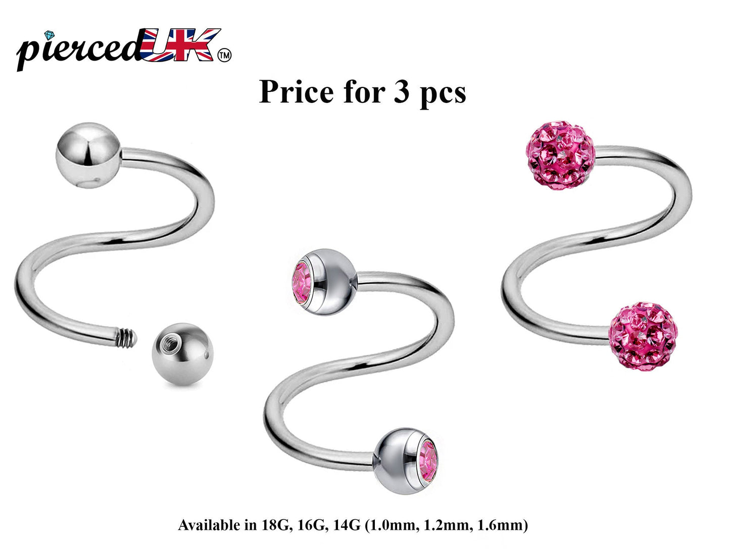 Spiral Barbell, Twist Barbell – 3pcs Piercings with Ball / Gem Ball / Disco Ball for Ear, Eyebrow piercing, Lip Ring, Cartilage, Helix etc.