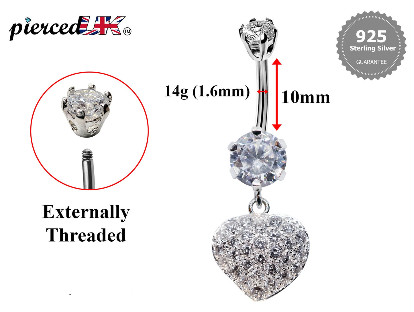 Silver Belly Bars, Navel Ring - Dangle Heart Belly Piercing studded with CZ Crystals - Navel Jewelry - 16g (1.6mm) Length is 10mm