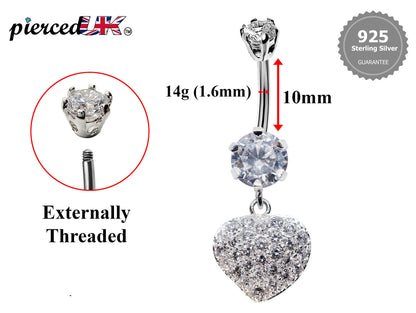 Silver Belly Bars, Navel Ring - Dangle Heart Belly Piercing studded with CZ Crystals - Navel Jewelry - 16g (1.6mm) Length is 10mm