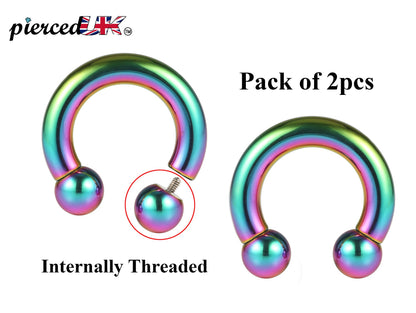 Rainbow Horseshoe Septum Ring, Nose Ring - 2pcs Big Size Horseshoe piercing (CBB) - 10g to 0g size 12mm to 19mm - Internally Threading