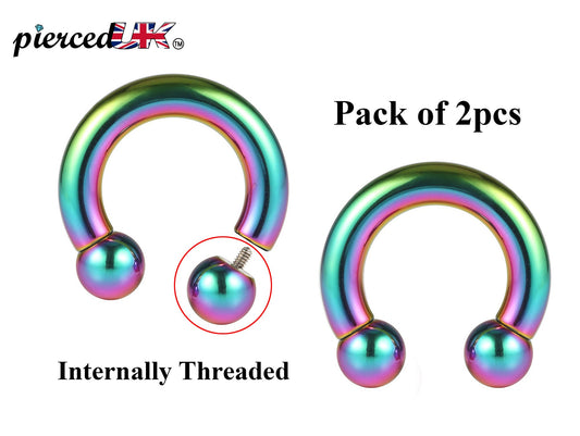 Rainbow Horseshoe Septum Ring, Nose Ring - 2pcs Big Size Horseshoe piercing (CBB) - 10g to 0g size 12mm to 19mm - Internally Threading