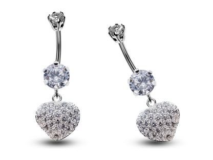 Silver Belly Bars, Navel Ring - Dangle Heart Belly Piercing studded with CZ Crystals - Navel Jewelry - 16g (1.6mm) Length is 10mm