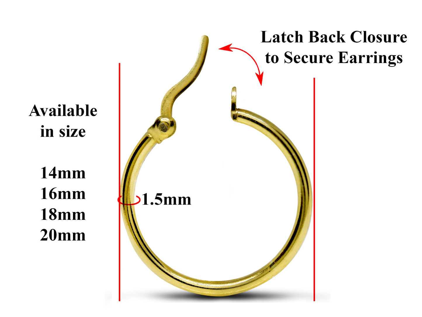 Silver Hoop Earrings - Latch Back Hoop Earrings for Women - Comes in Sizes of 14mm to 20mm - Silver, Gold, Rose Gold