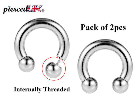 Horseshoe Septum Ring, Nose Ring - 2pcs Surgical Steel Horseshoe piercing (CBB) - 10g to 00g - size 12mm to 19mm - Internally Threading