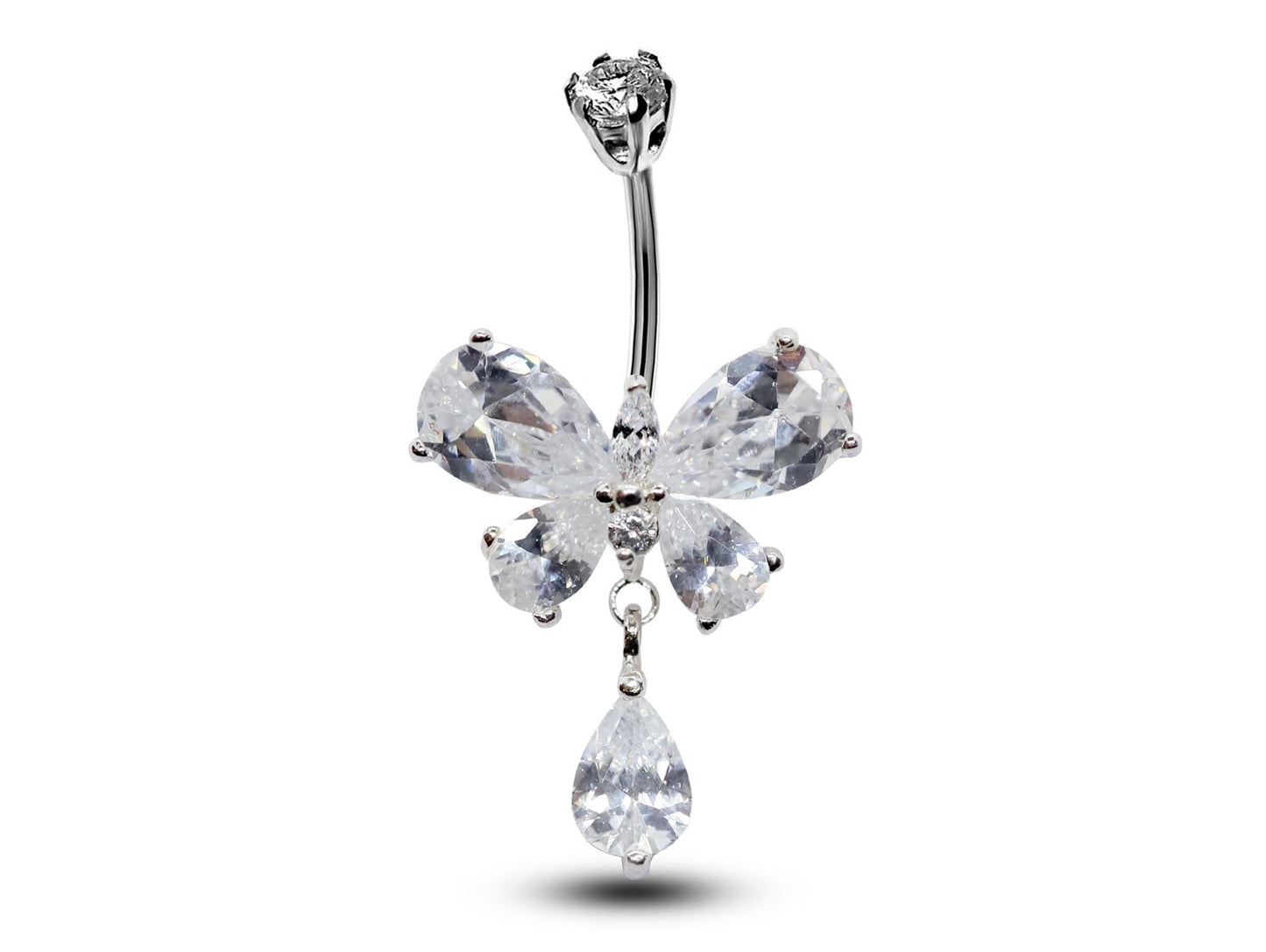 Silver Belly Button Ring, Belly Bars- Dangle Tear drop Butterfly Belly Ring with High Quality Crystals - Navel Ring - 16g (1.6mm)