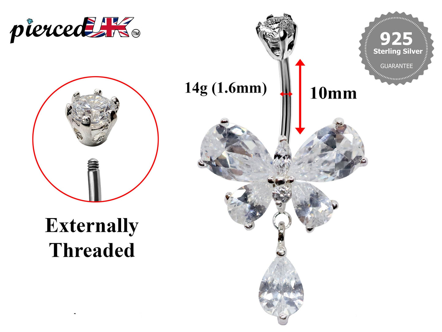 Silver Belly Button Ring, Belly Bars- Dangle Tear drop Butterfly Belly Ring with High Quality Crystals - Navel Ring - 16g (1.6mm)