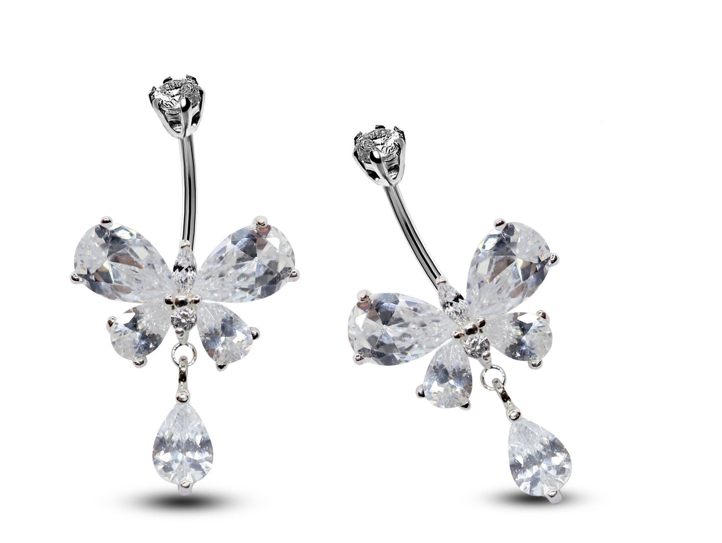 Silver Belly Button Ring, Belly Bars- Dangle Tear drop Butterfly Belly Ring with High Quality Crystals - Navel Ring - 16g (1.6mm)