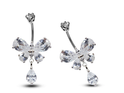 Silver Belly Button Ring, Belly Bars- Dangle Tear drop Butterfly Belly Ring with High Quality Crystals - Navel Ring - 16g (1.6mm)