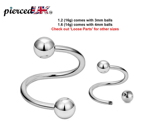 Spiral Barbell, Twist Barbell – Piercings for Ear, Eyebrow piercing, Lip Ring, Cartilage, Helix etc. – 16g, 14g – Length 8mm to 12mm