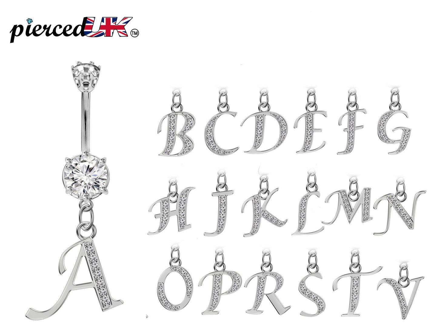 Initial Belly Ring, Belly Button Rings with Silver Dangle Alphabet Letter A-Z - Belly Bar length is 10mm - thickness is 14g (1.6mm)