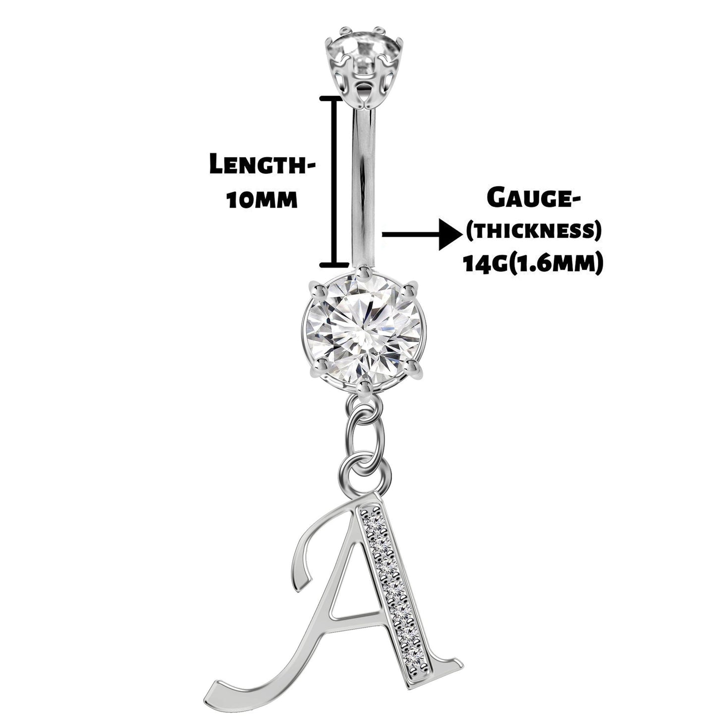 Initial Belly Ring, Belly Button Rings with Silver Dangle Alphabet Letter A-Z - Belly Bar length is 10mm - thickness is 14g (1.6mm)