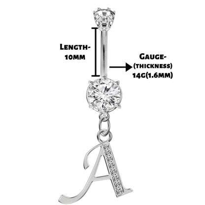 Initial Belly Ring, Belly Button Rings with Silver Dangle Alphabet Letter A-Z - Belly Bar length is 10mm - thickness is 14g (1.6mm)