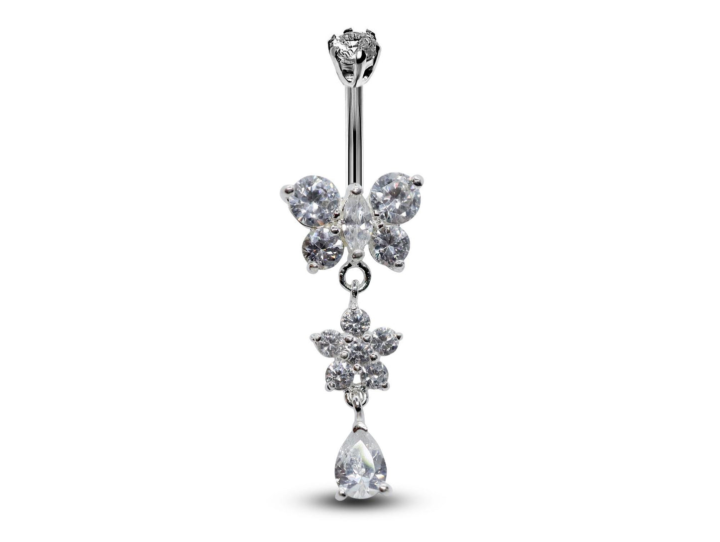 Silver Belly Button Piercing, Belly Bars - Butterfly and tear drop dangle Belly Ring with CZ Crystals Navel Ring 16g (1.6mm) Length is 10mm