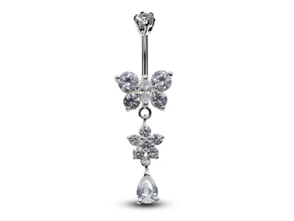 Silver Belly Button Piercing, Belly Bars - Butterfly and tear drop dangle Belly Ring with CZ Crystals Navel Ring 16g (1.6mm) Length is 10mm