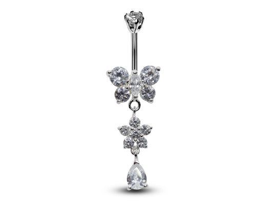 Silver Belly Button Piercing, Belly Bars - Butterfly and tear drop dangle Belly Ring with CZ Crystals Navel Ring 16g (1.6mm) Length is 10mm