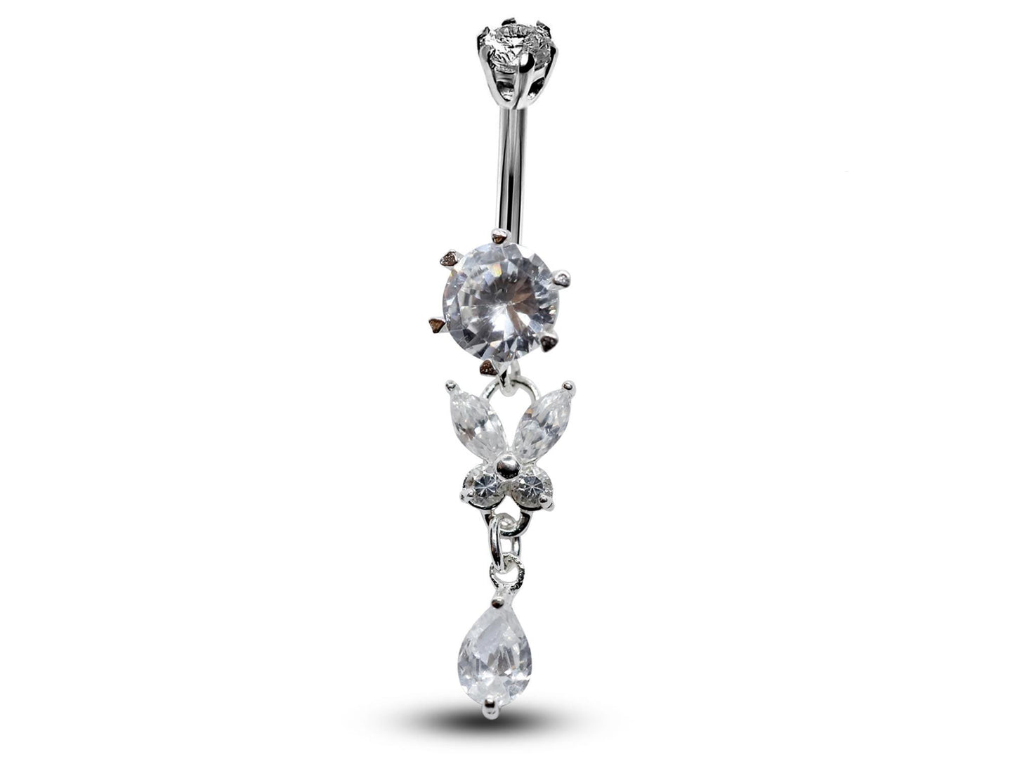 Silver Dangle Belly Bars, Navel Ring - Butterfly Drop Belly Ring with High Quality CZ Crystals - Curved Barbell - 16g (1.6mm) Length is 8mm