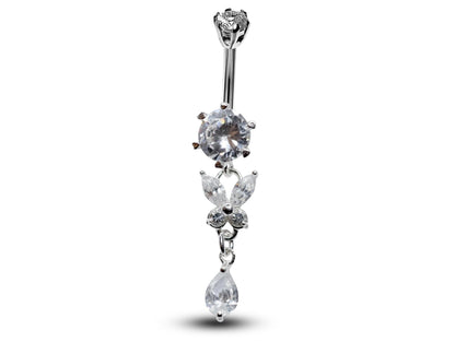 Silver Dangle Belly Bars, Navel Ring - Butterfly Drop Belly Ring with High Quality CZ Crystals - Curved Barbell - 16g (1.6mm) Length is 8mm