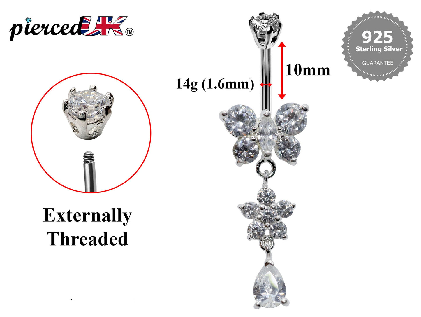 Silver Belly Button Piercing, Belly Bars - Butterfly and tear drop dangle Belly Ring with CZ Crystals Navel Ring 16g (1.6mm) Length is 10mm