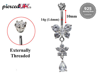 Silver Belly Button Piercing, Belly Bars - Butterfly and tear drop dangle Belly Ring with CZ Crystals Navel Ring 16g (1.6mm) Length is 10mm