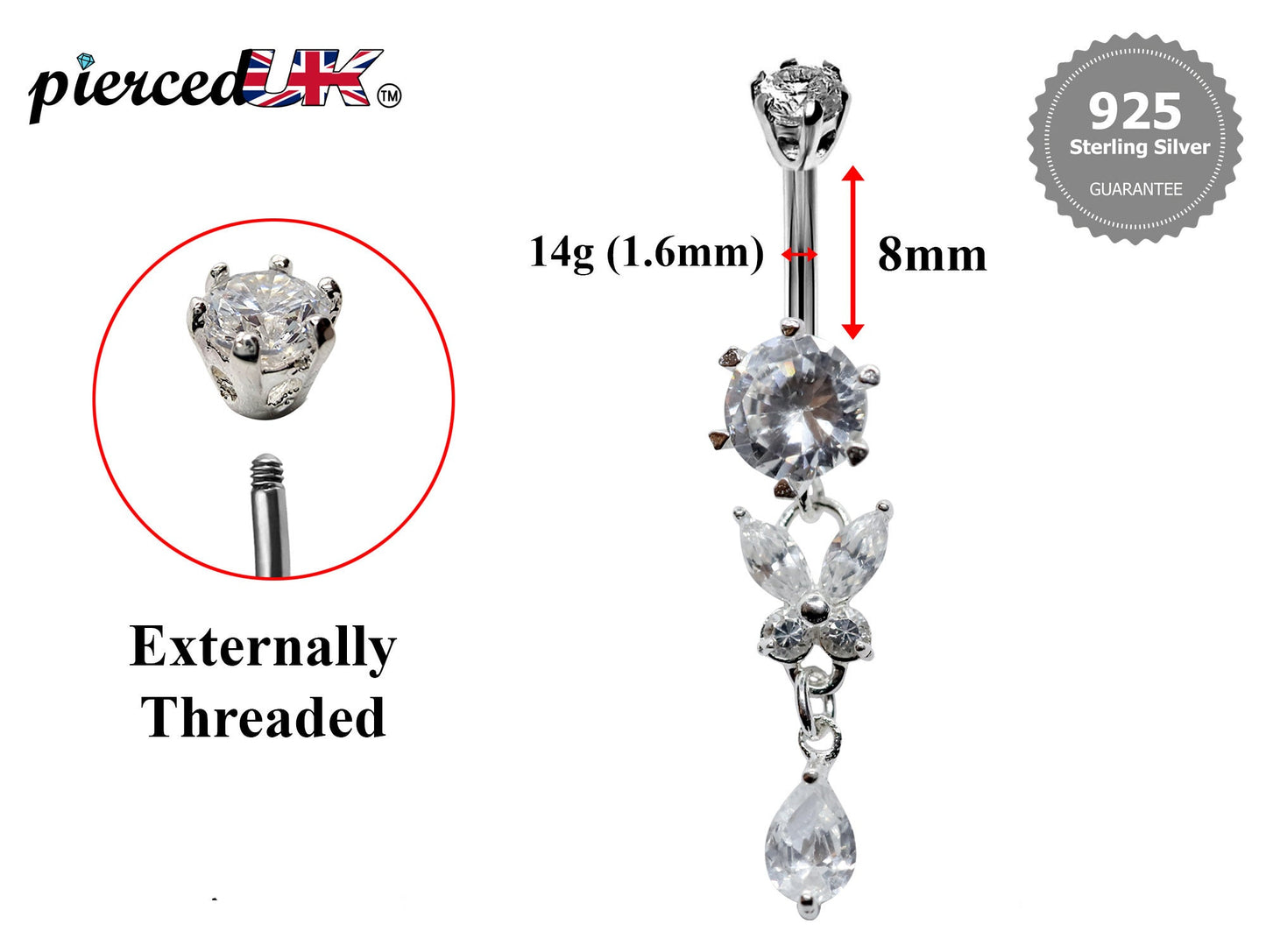 Silver Dangle Belly Bars, Navel Ring - Butterfly Drop Belly Ring with High Quality CZ Crystals - Curved Barbell - 16g (1.6mm) Length is 8mm