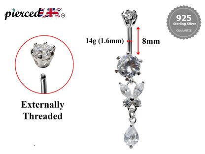 Silver Dangle Belly Bars, Navel Ring - Butterfly Drop Belly Ring with High Quality CZ Crystals - Curved Barbell - 16g (1.6mm) Length is 8mm