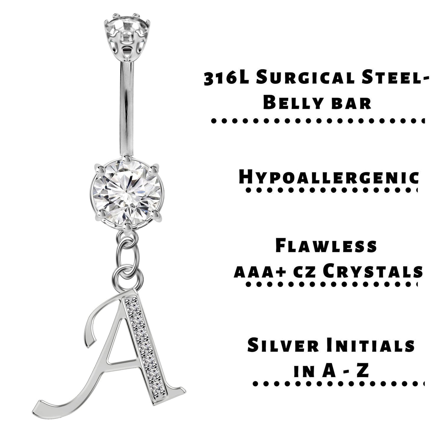 Initial Belly Ring, Belly Button Rings with Silver Dangle Alphabet Letter A-Z - Belly Bar length is 10mm - thickness is 14g (1.6mm)
