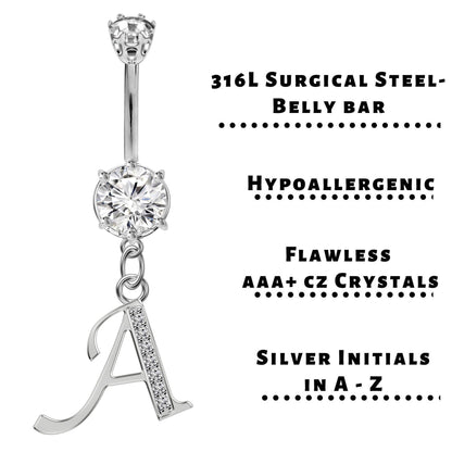 Initial Belly Ring, Belly Button Rings with Silver Dangle Alphabet Letter A-Z - Belly Bar length is 10mm - thickness is 14g (1.6mm)
