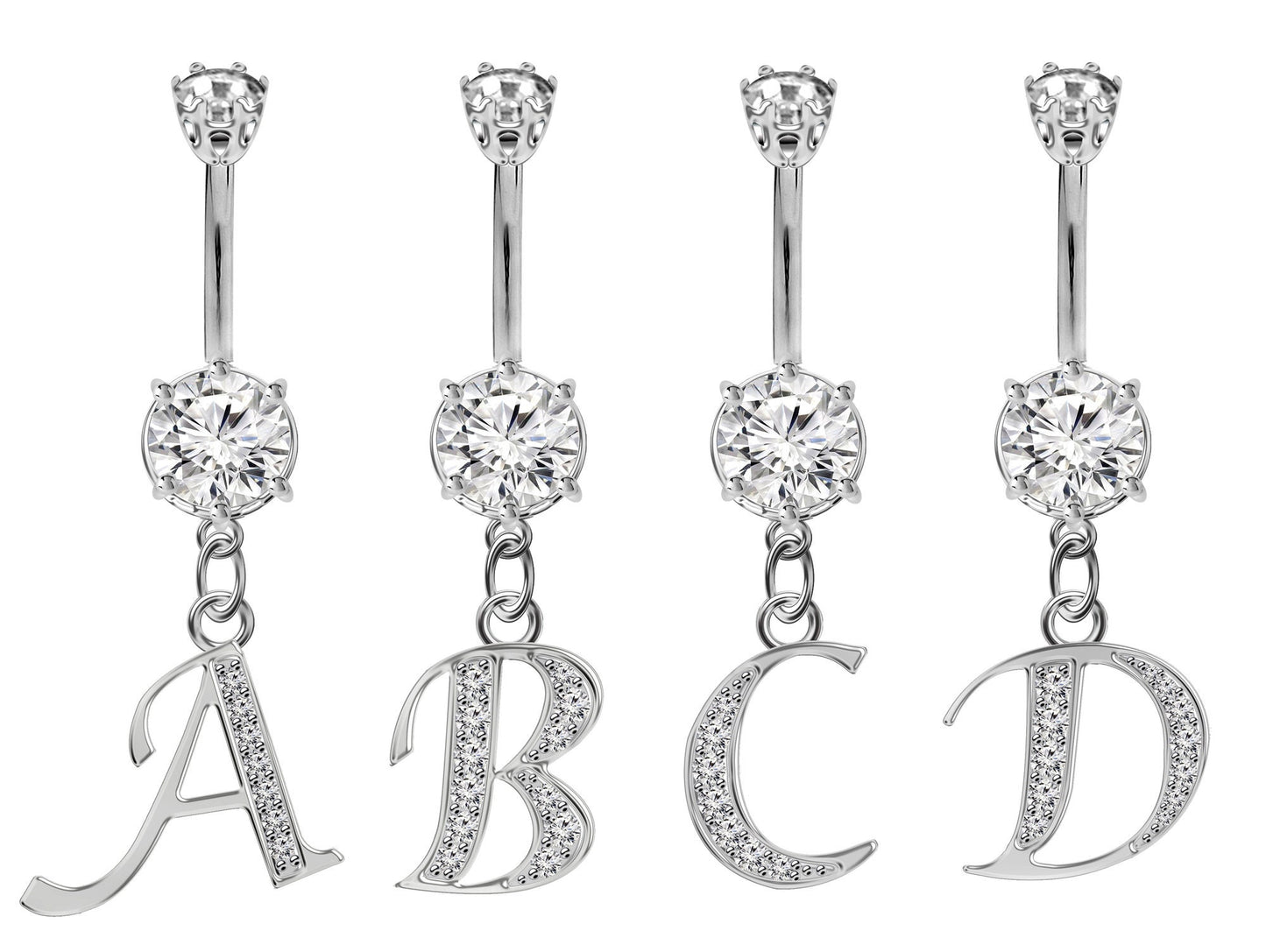 Initial Belly Ring, Belly Button Rings with Silver Dangle Alphabet Letter A-Z - Belly Bar length is 10mm - thickness is 14g (1.6mm)