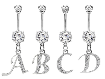 Initial Belly Ring, Belly Button Rings with Silver Dangle Alphabet Letter A-Z - Belly Bar length is 10mm - thickness is 14g (1.6mm)