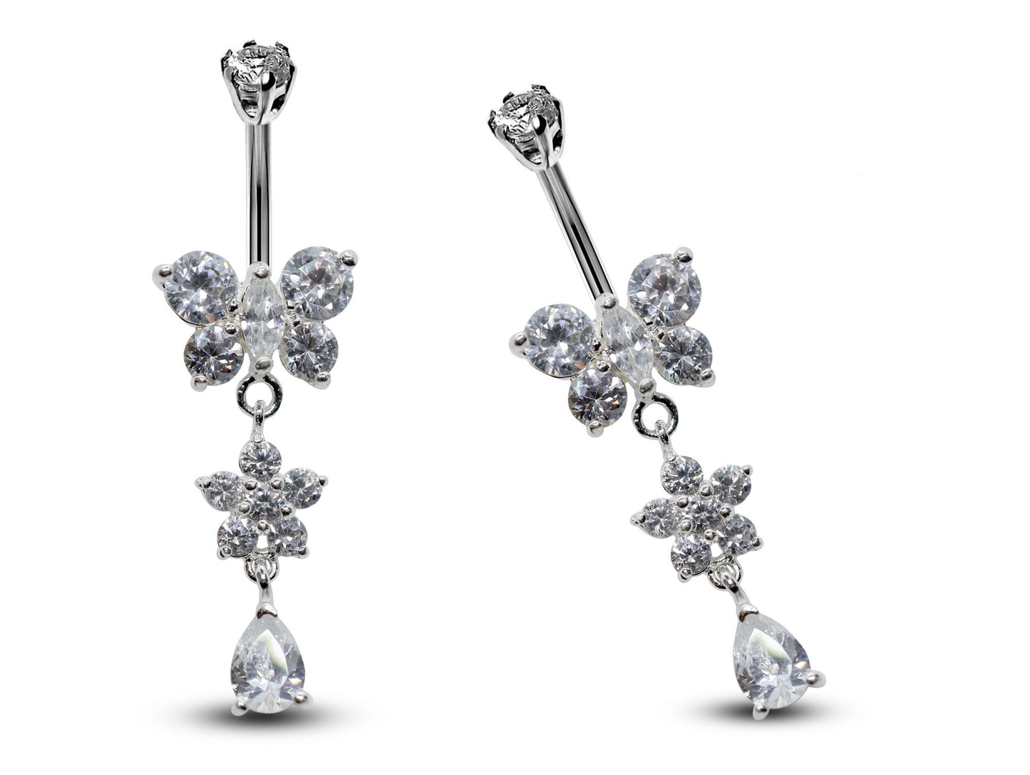Silver Belly Button Piercing, Belly Bars - Butterfly and tear drop dangle Belly Ring with CZ Crystals Navel Ring 16g (1.6mm) Length is 10mm